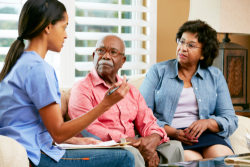caregiver discussing care plan to the senior couple